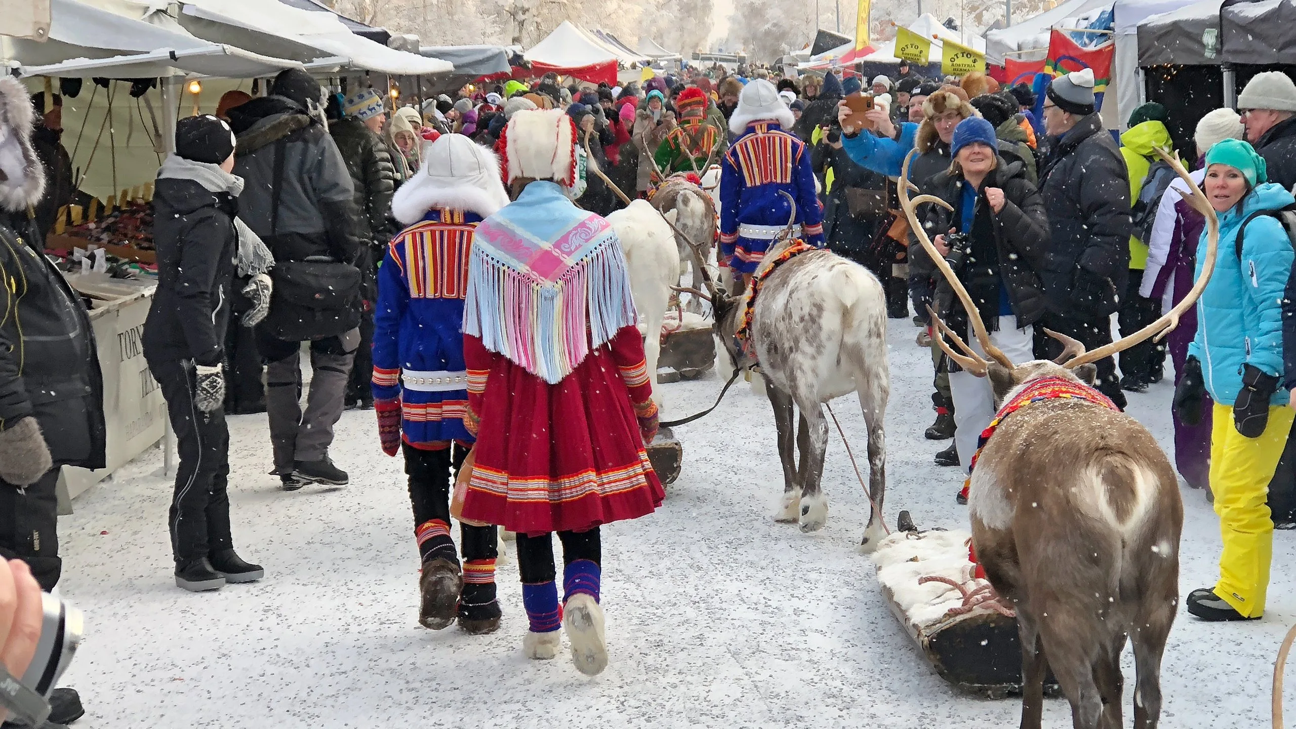 Reindeer led through a snowy street at Jokkmokk Winter Market with people in traditional Sámi clothing