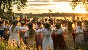 Group of women and girls in traditional Swedish midsummer dress with flower crowns gathered before a maypole at golden hour